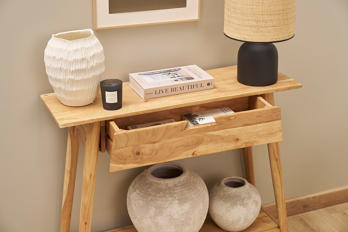 Console naturelle avec tiroir en bois massif L90 cm FRANKLIN
