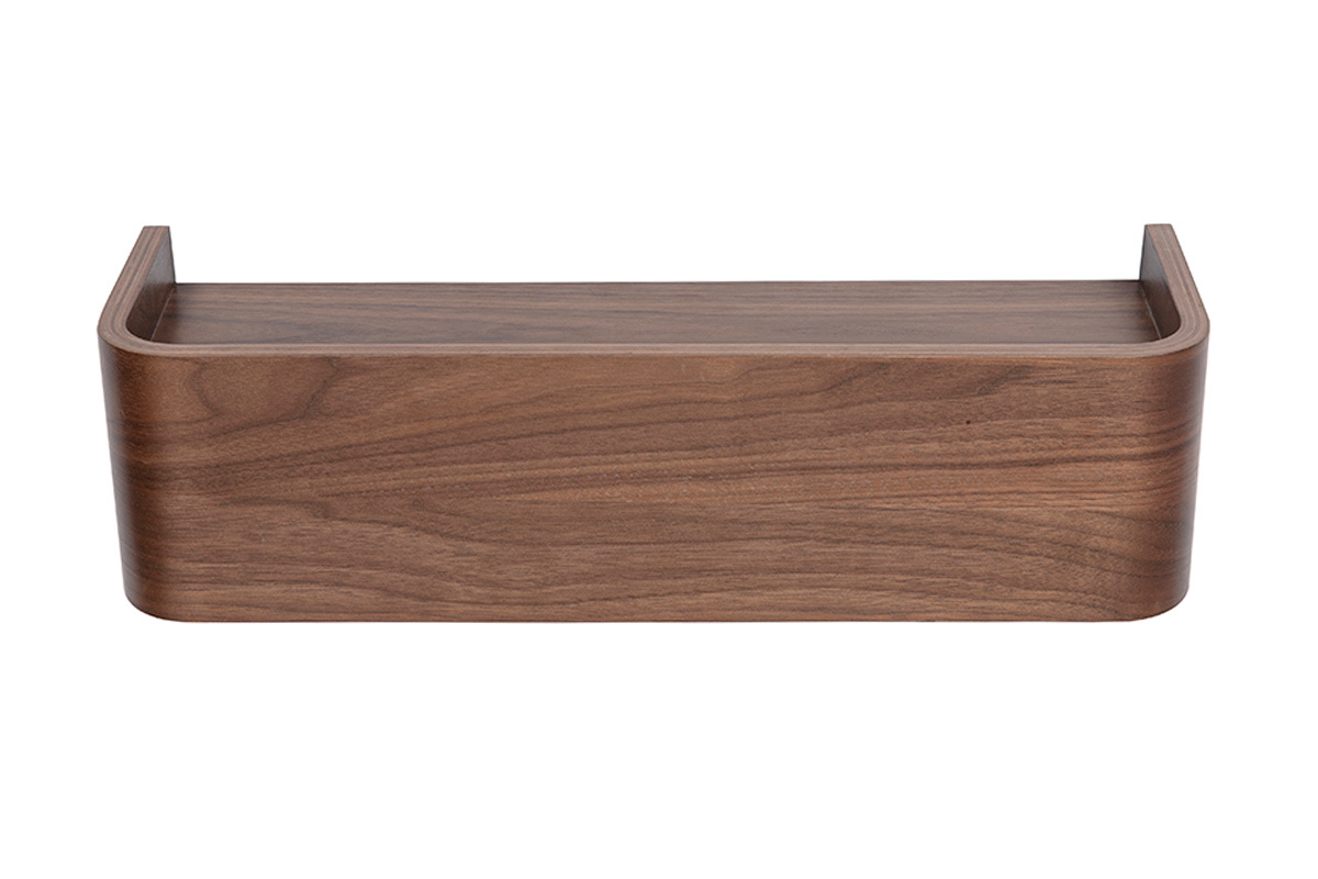�tag�re murale en bois fonc� noyer, vue de face, design arrondi.