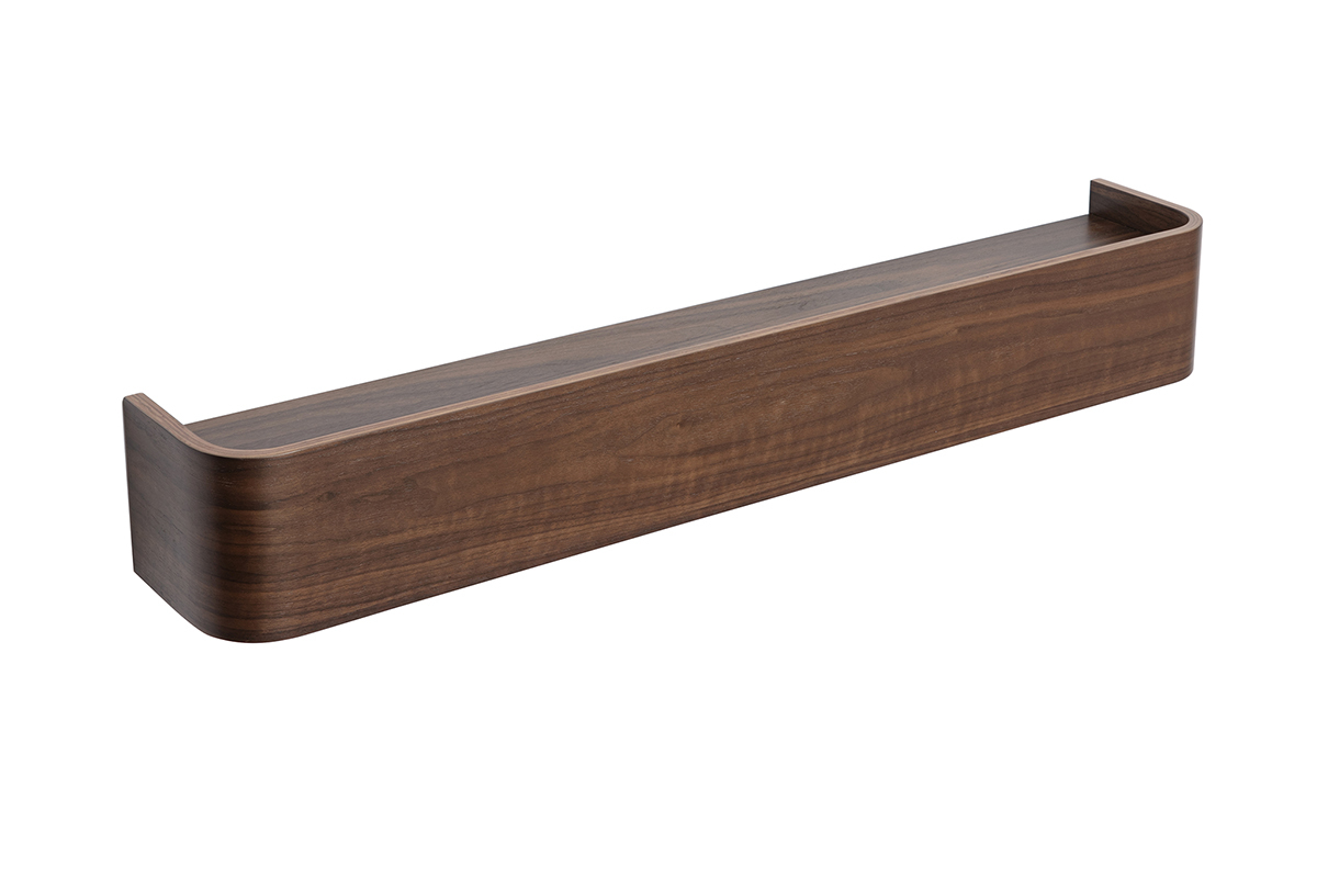 �tag�re murale en bois fonc� noyer L90 cm vue de 3/4avec rebords courb�s.