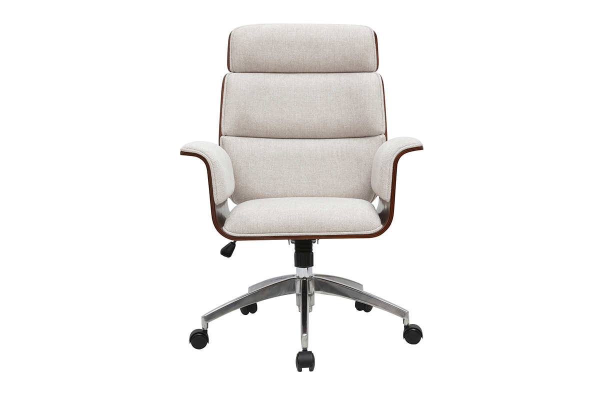 Fauteuil de bureau beige velours � roulettes et accoudoirs courb�s, vue de face.