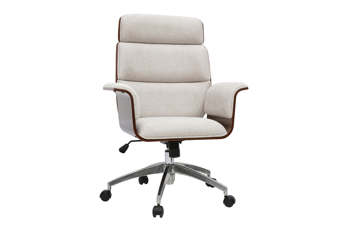 Fauteuil de bureau � roulettes en tissu beige, bois fonc�, vue de 3/4.