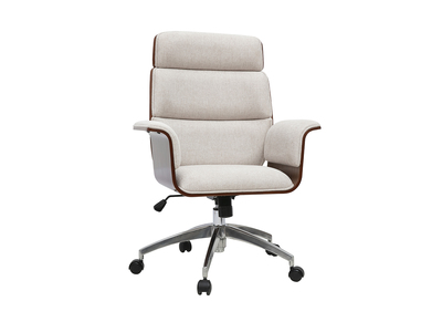 Fauteuil de bureau &agrave; roulettes design en tissu effet velours textur&eacute; beige, bois fonc&eacute; et acier chrom&eacute; ELON