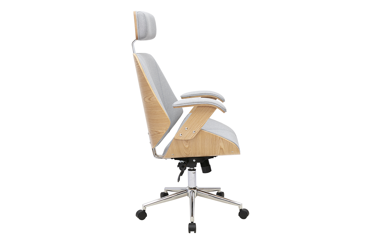 Fauteuil de bureau en tissu gris, bois clair et acier, vue de profil.