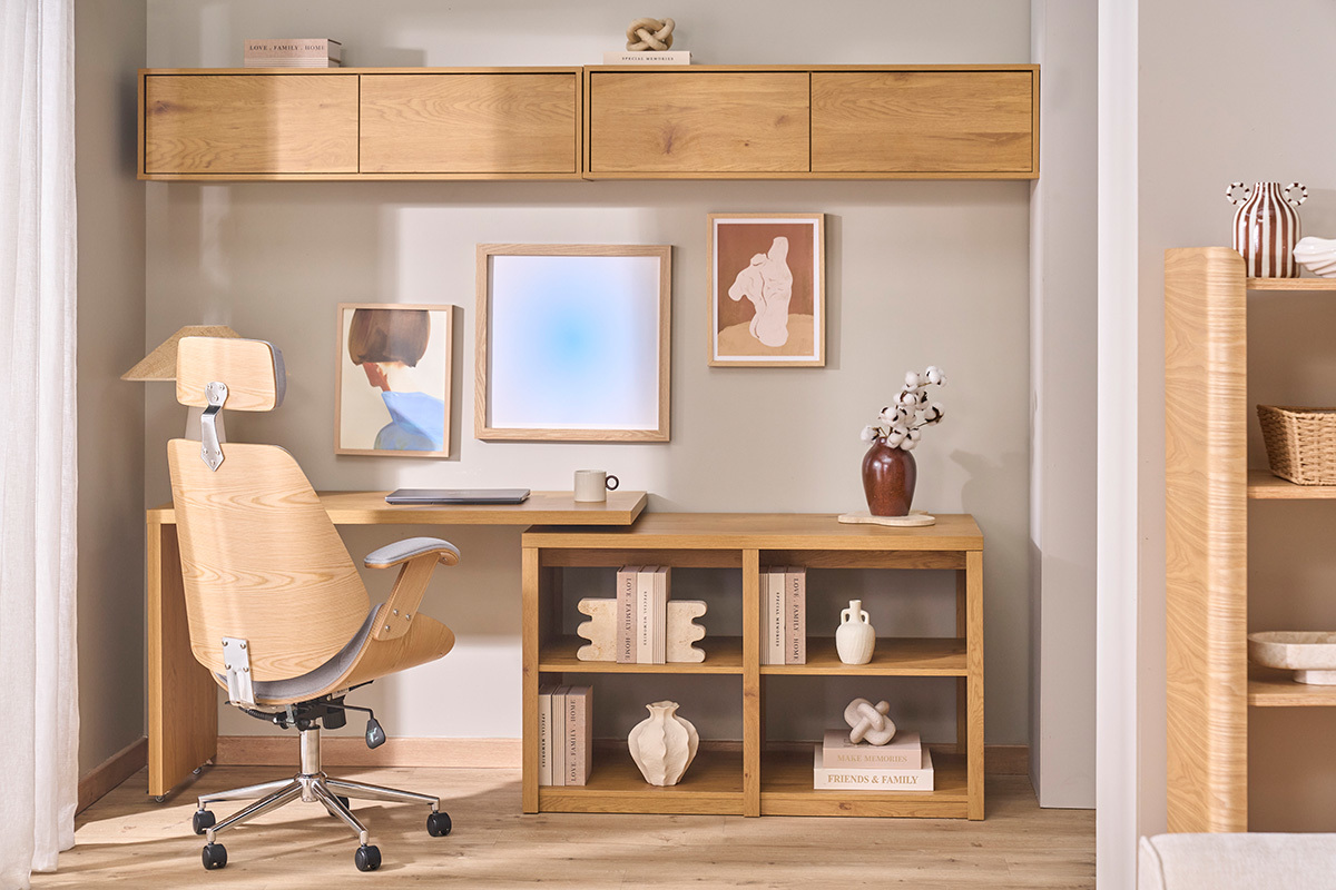 Fauteuil de bureau de direction design en tissu gris, bois clair et acier chrom� MUSK
