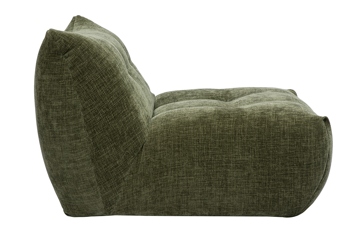 Fauteuil lounge BUMPY vert kaki, vue de c�t�, tissu effet velours textur�.