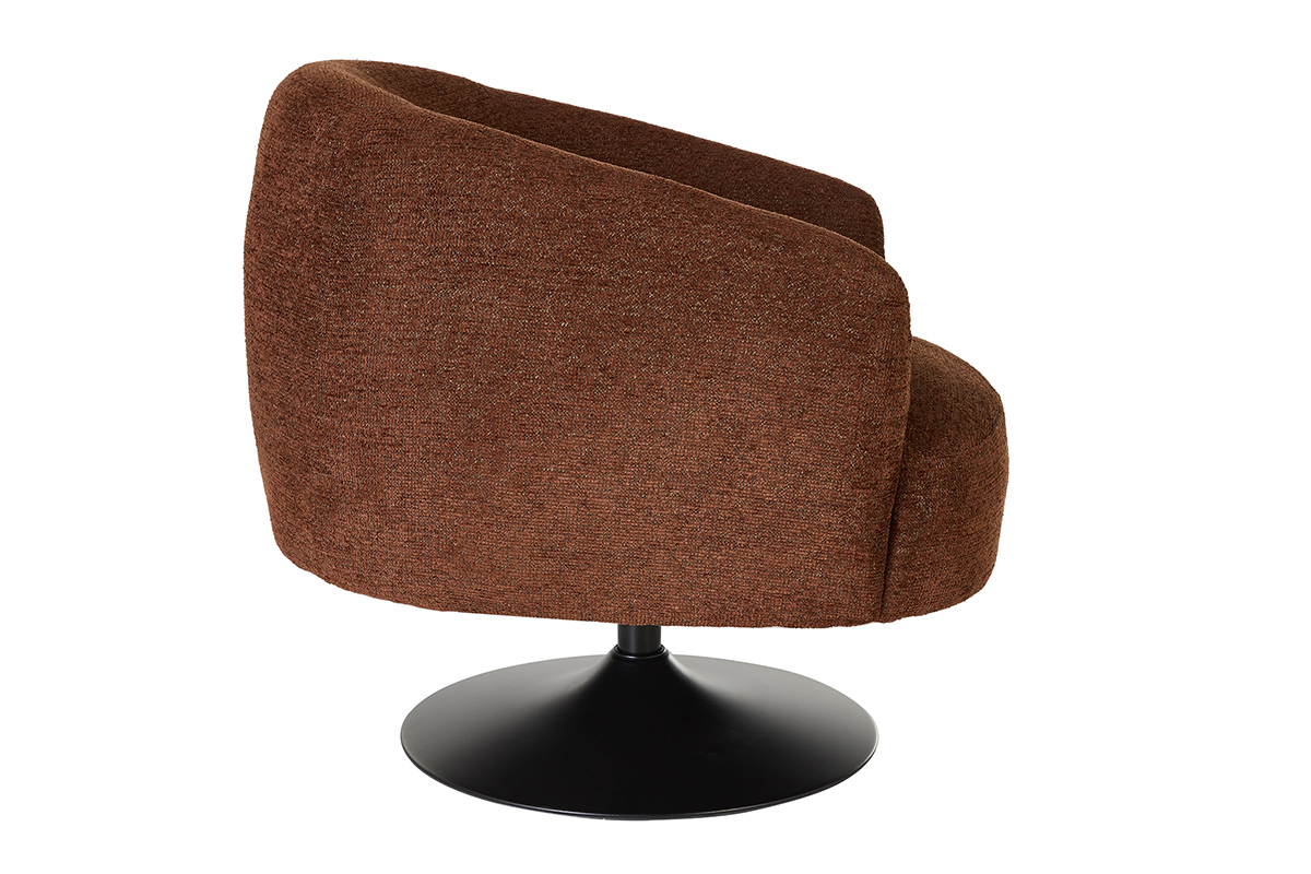 Fauteuil pivotant en tissu chenille bross� terre br�l�e, vue de profil avec base en m�tal noir.