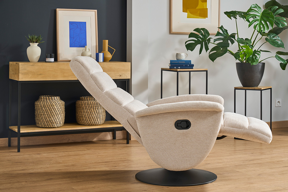 Fauteuil pivotant relax manuel en tissu chenille beige NELSON