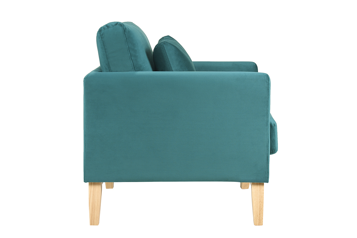 Fauteuil scandinave bleu p�trole en tissu velours, vue de c�t�, avec pieds en bois clair.