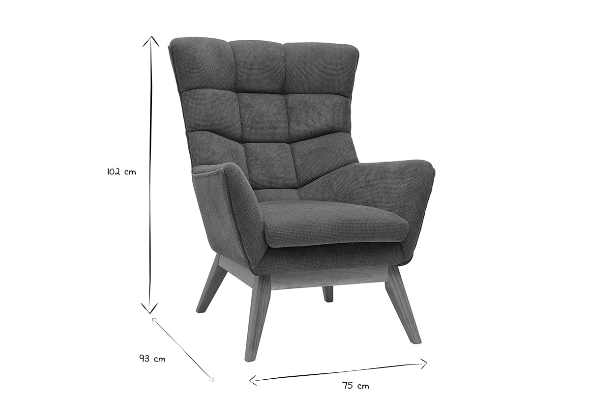 Dimensions du fauteuil BRODY en noir et blanc: 102 cm de hauteur, 93 cm de profondeur, 75 cm de largeur.