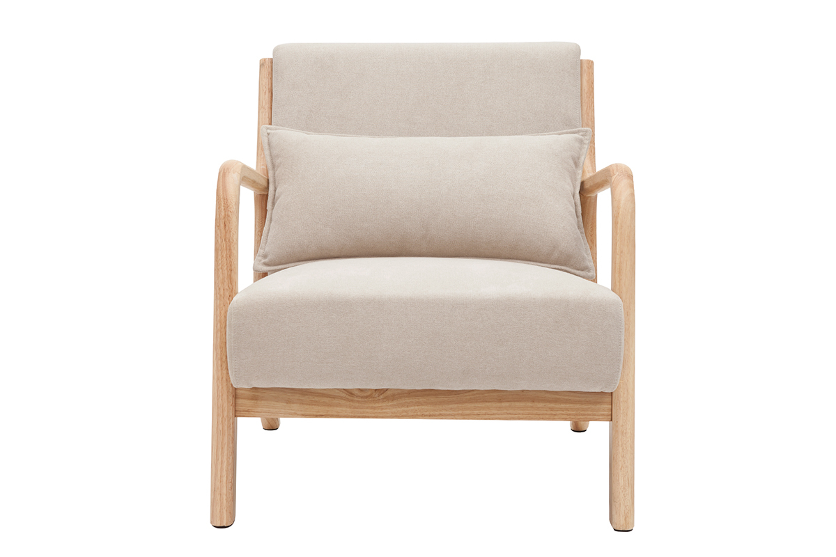 Fauteuil scandinave en tissu effet velours beige et bois clair massif DERRY