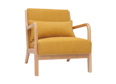 Fauteuil scandinave en tissu effet velours jaune moutarde et bois clair massif DERRY