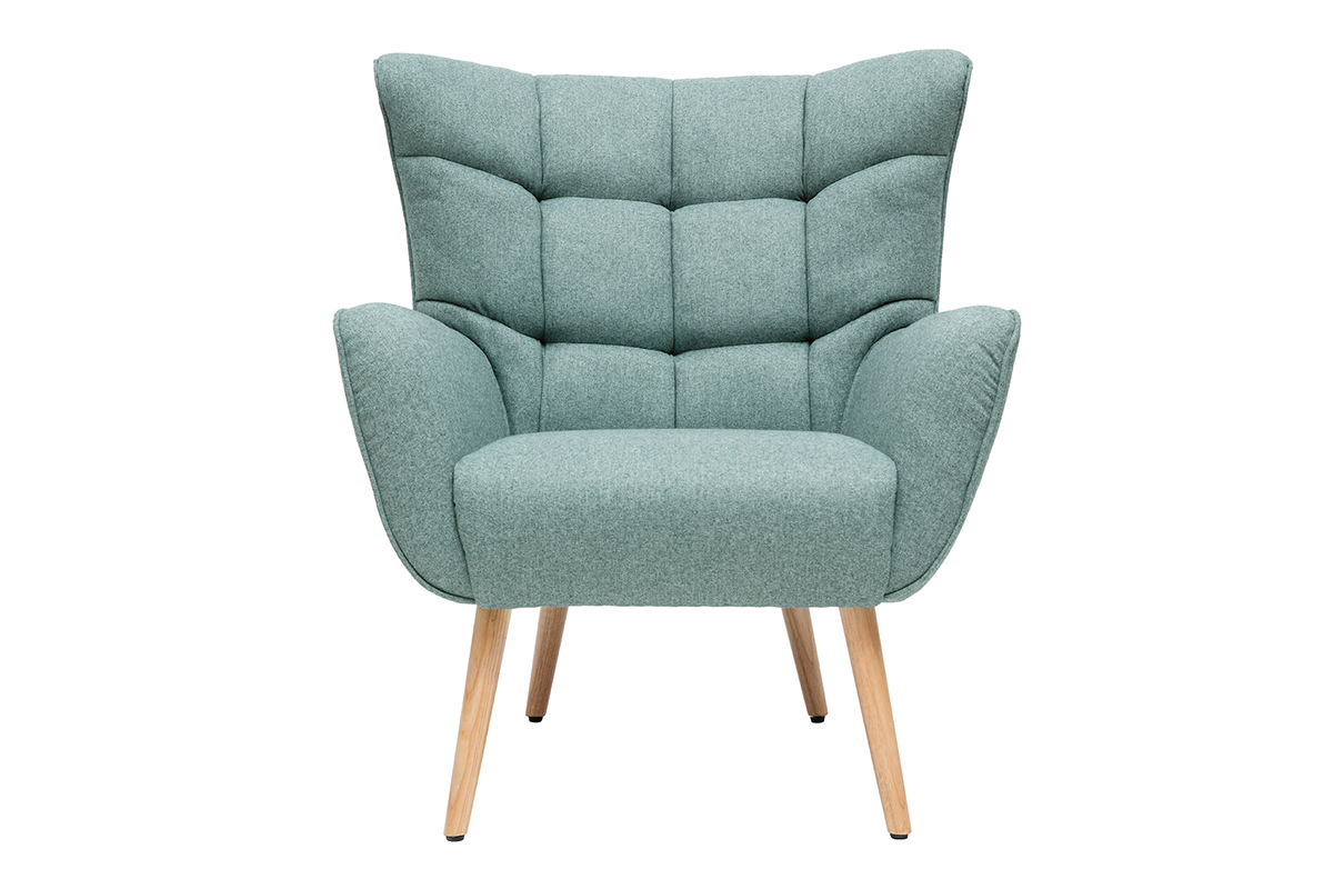 Fauteuil scandinave en tissu vert de gris et bois clair AVERY