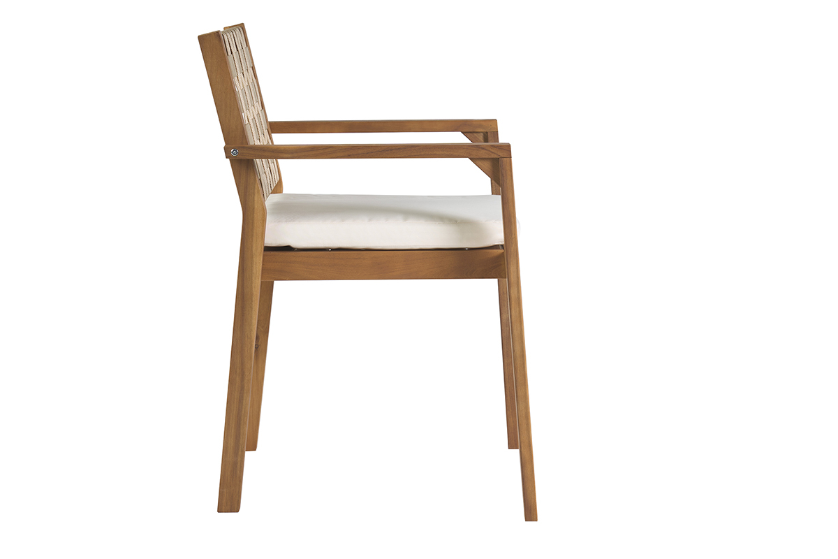 Chaise de jardin en bois massif vue de profil avec coussin blanc et sangles beiges.