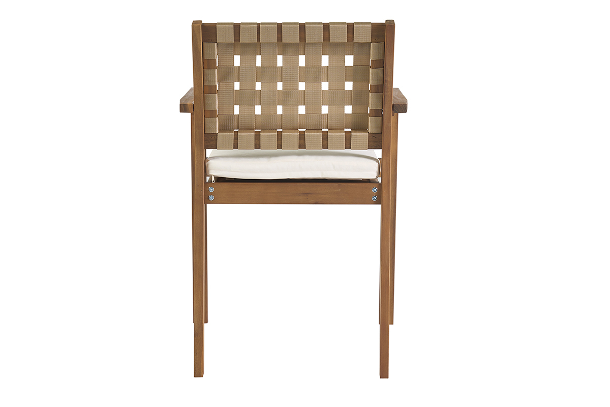 Chaise de jardin empilable en bois massif vue de dos avec coussin blanc et sangles beiges.