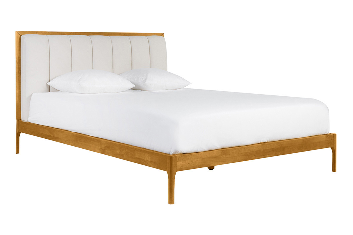Lit 2 places 160x200 cm en bois clair et tissu gris clair RONN