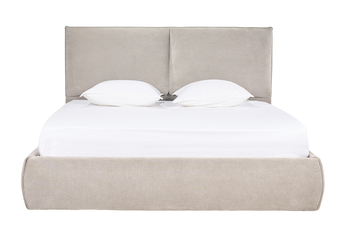 Lit coffre beige 160x200 cm en tissu chenille, vue de face avec t�te de lit.