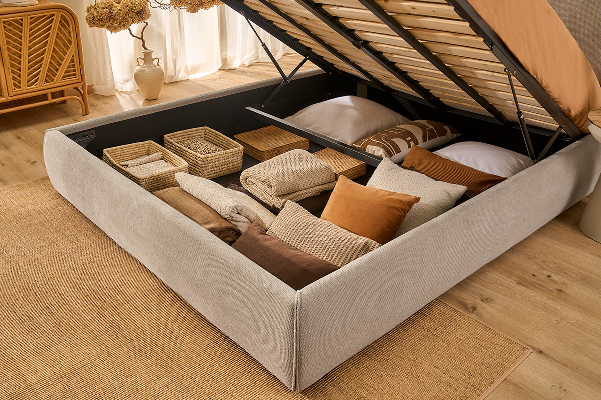 Lit coffre 2 places 160x200 cm en tissu chenille beige VIGO