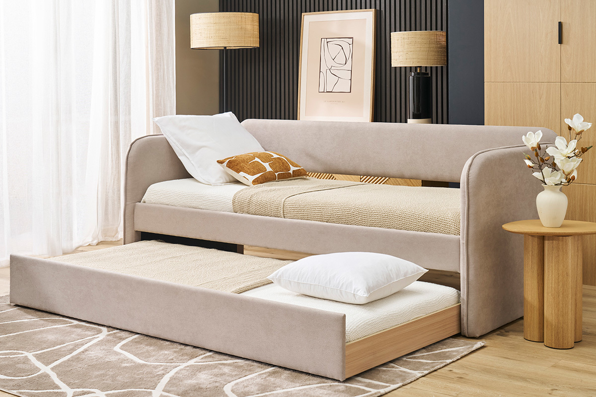 Lit gigogne en tissu taupe 90 x 190 cm EDISON