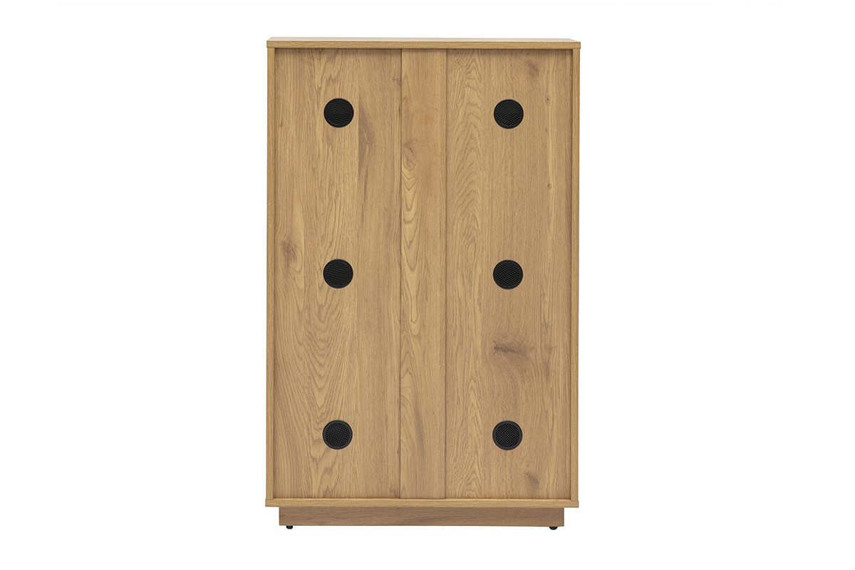 Meuble � chaussures en bois clair ch�ne, vue de dos, six trous de ventilation ronds noirs.