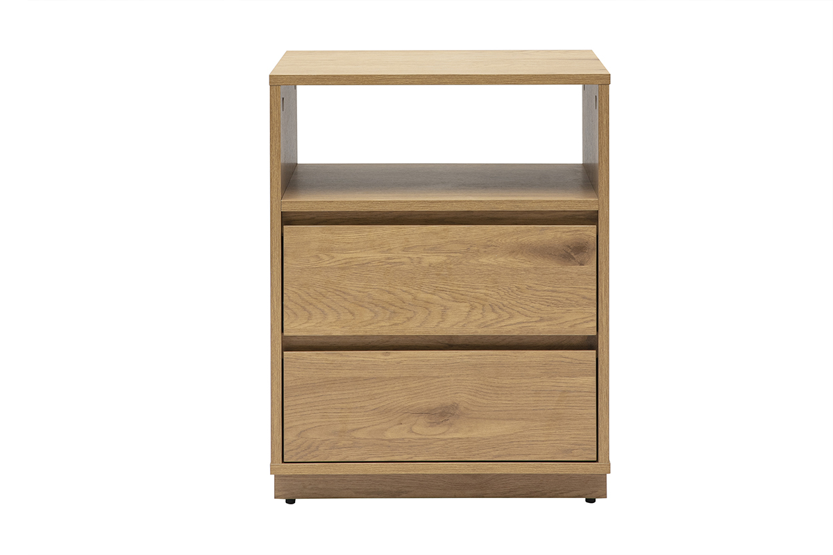 Meuble de rangement SEVILLE en bois clair avec deux tiroirs et une niche ouverte, vue de face.
