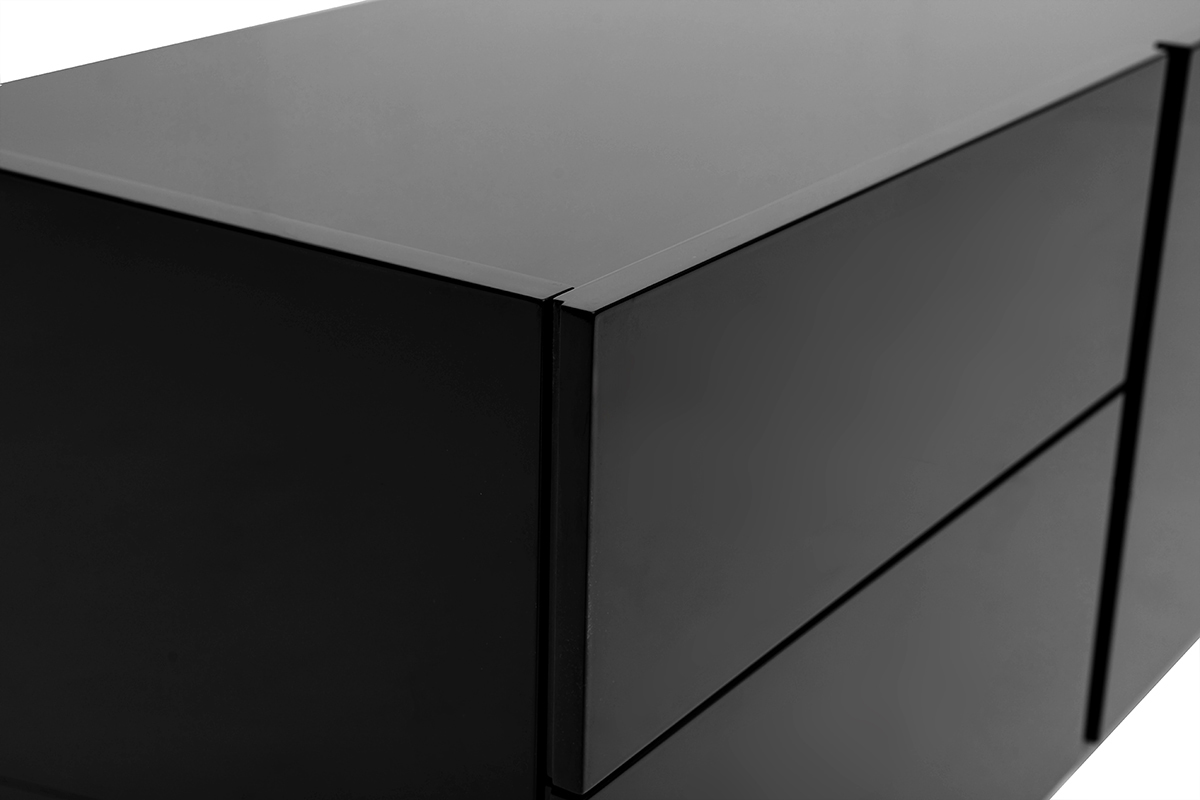 Vue zoom�e du meuble TV noir brillant ISAURE, montrant la finition et les tiroirs.