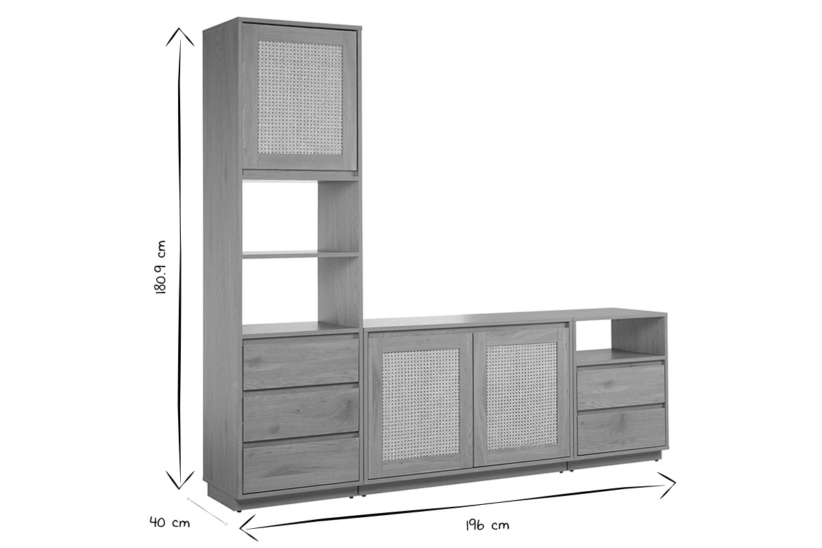 Dimensions du meuble TV SEVILLE en noir et blanc : 196 cm de large, 40 cm de profond, 180,9 cm de haut.