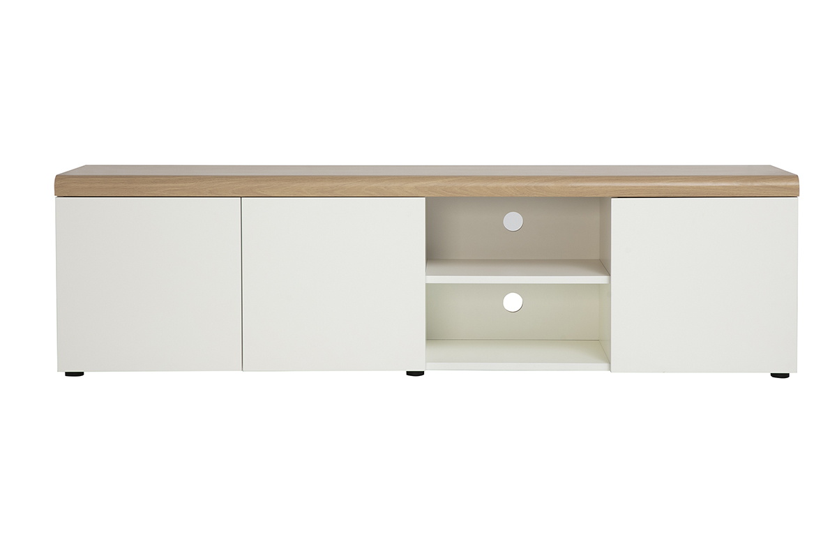 Meuble TV scandinave blanc avec finition bois clair, 180 cm, vue de face.