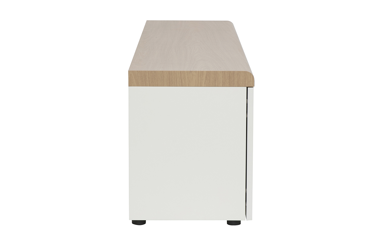 Meuble TV scandinave blanc avec finition bois clair, vue de profil.