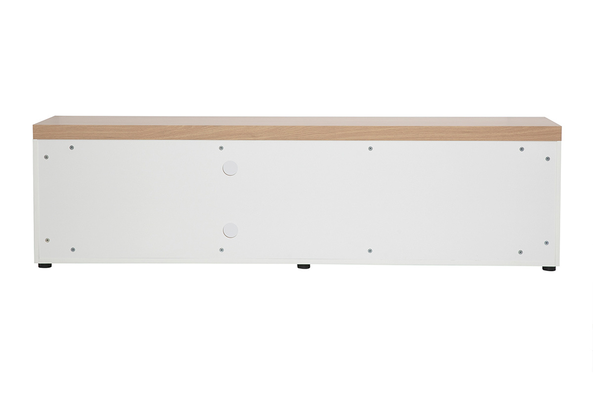 Meuble TV scandinave blanc et bois clair, vue de dos, avec trois portes et une niche centrale.