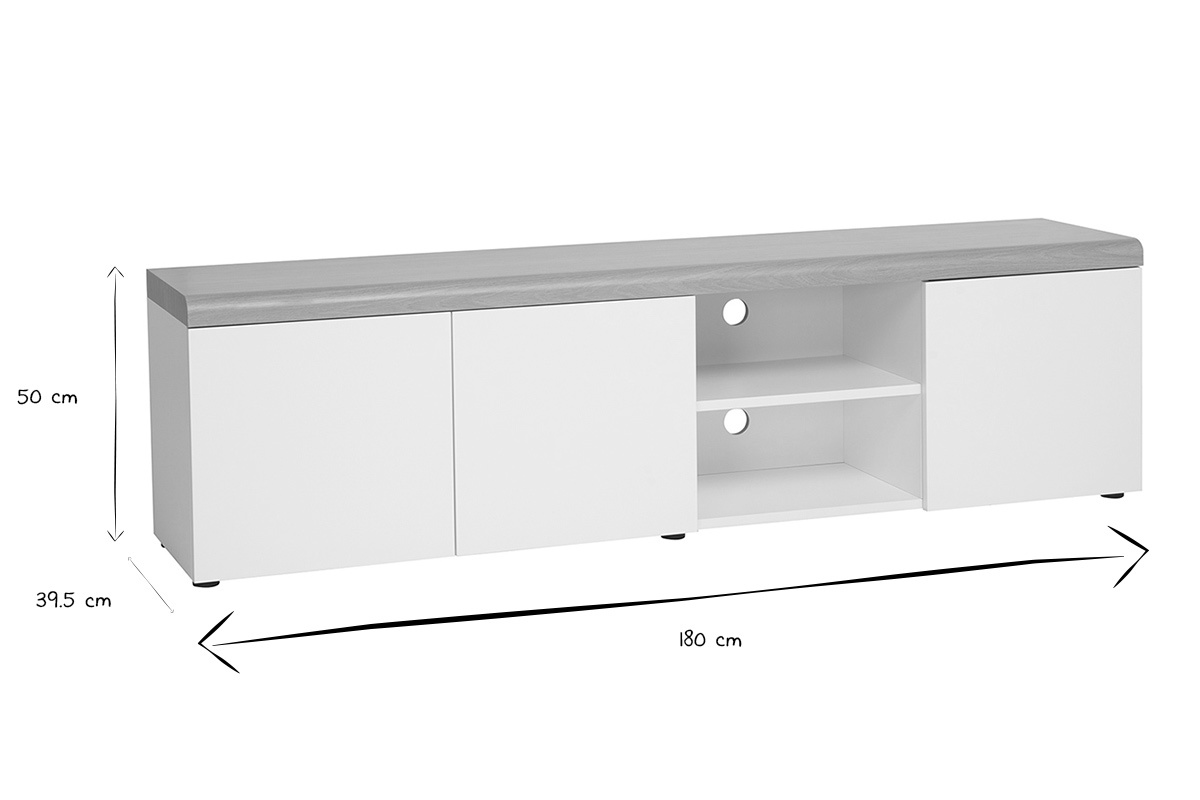 Dimensions du meuble TV scandinave LEANA en noir et blanc : L180 cm, H50 cm, P39.5 cm.