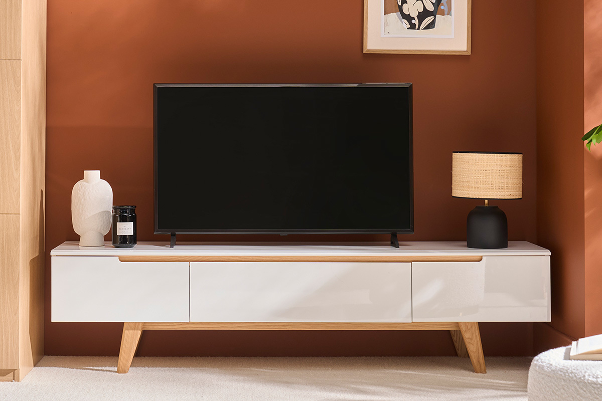 Meuble TV scandinave blanc laqu� brillant et bois L180 cm MELKA