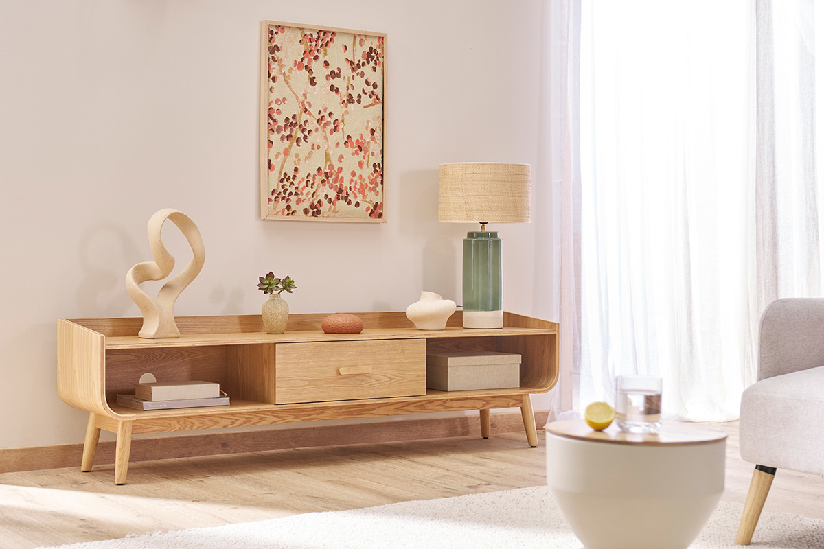Meuble TV scandinave en bois clair L180 cm HALLEN