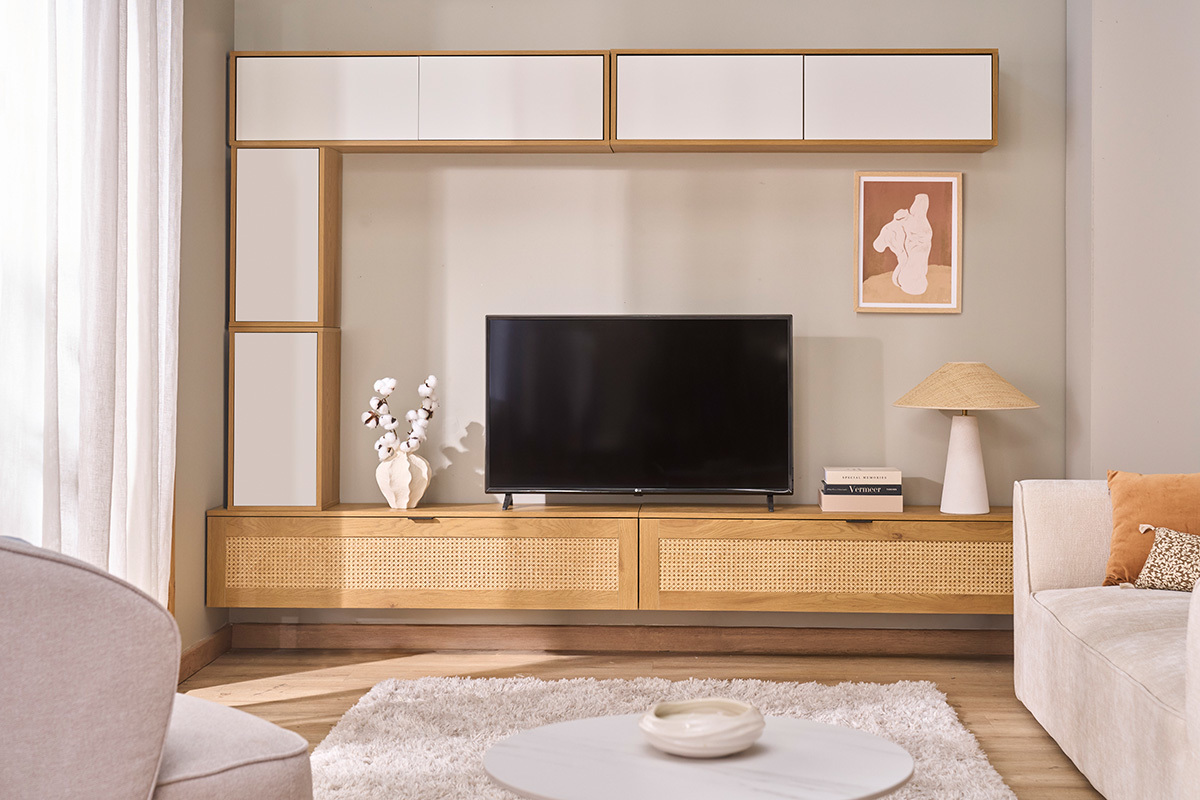 Meuble TV suspendu finition blanche et bois clair ch�ne L120 cm FLEXO