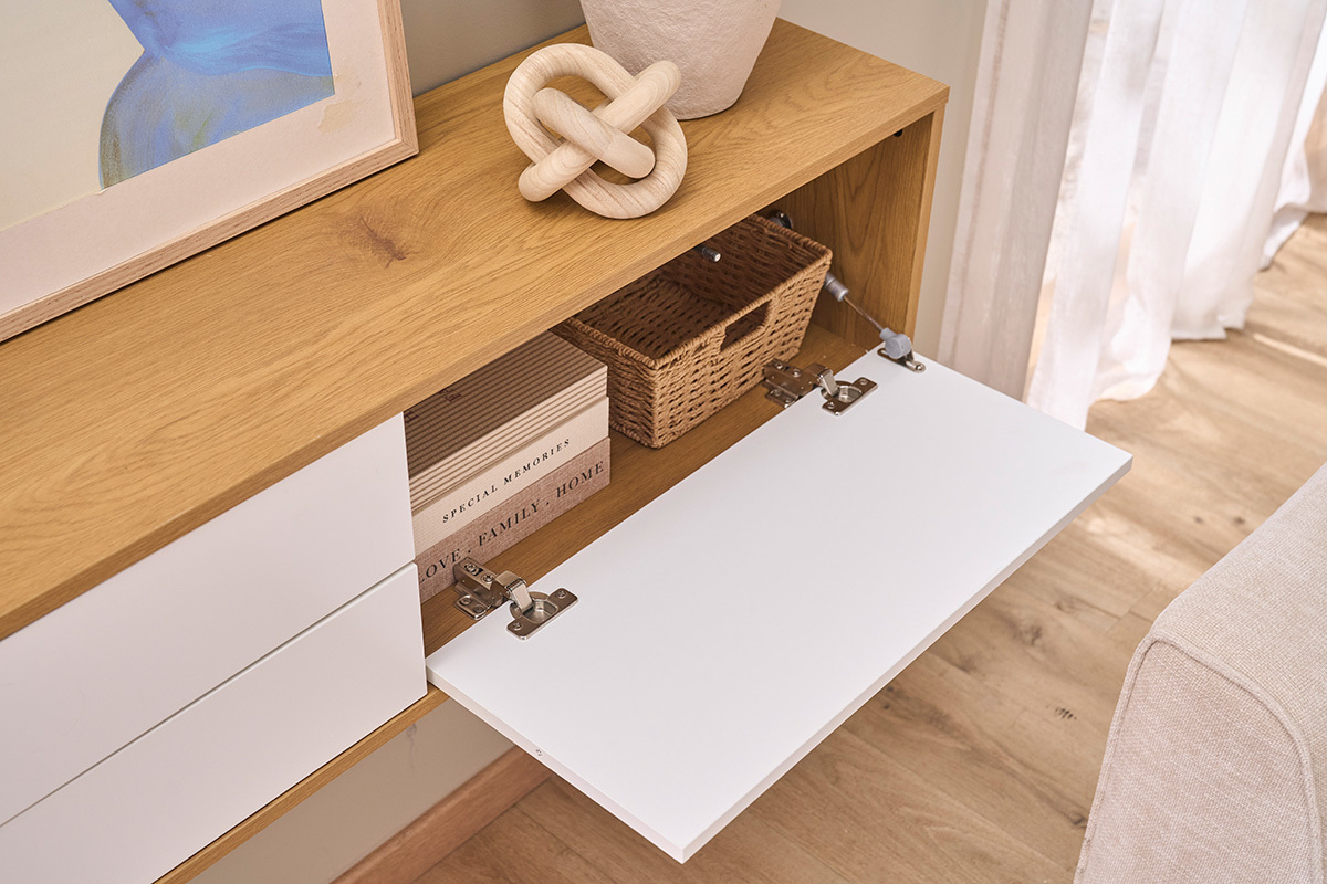 Meuble TV suspendu finition blanche et bois clair ch�ne L120 cm FLEXO