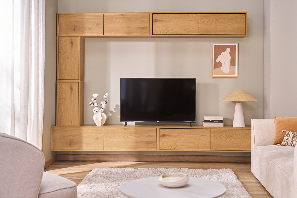 Meuble TV suspendu finition bois fonc� noyer L140 cm FLEXO