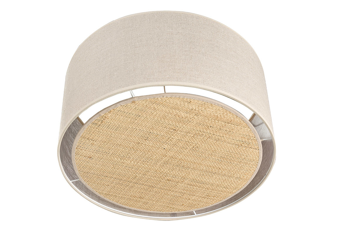 Plafonnier cylindrique en lin beige et rabane naturelle D40 cm TRAVES