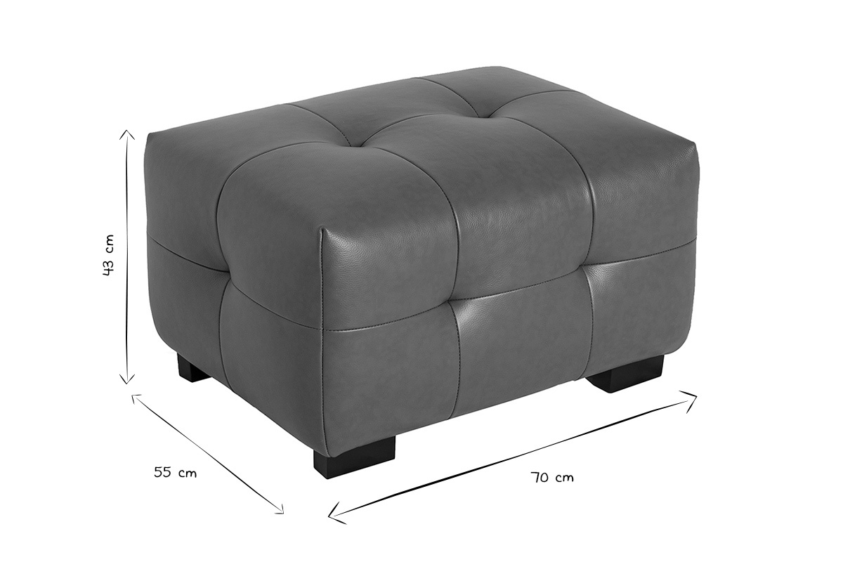 Dimensions du pouf CORTO en cuir, 70x55x43 cm, en noir et blanc, vue de dessus.