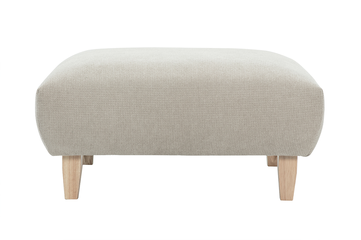 Pouf repose-pieds en tissu chenille beige, pieds en bois clair, vue de face.