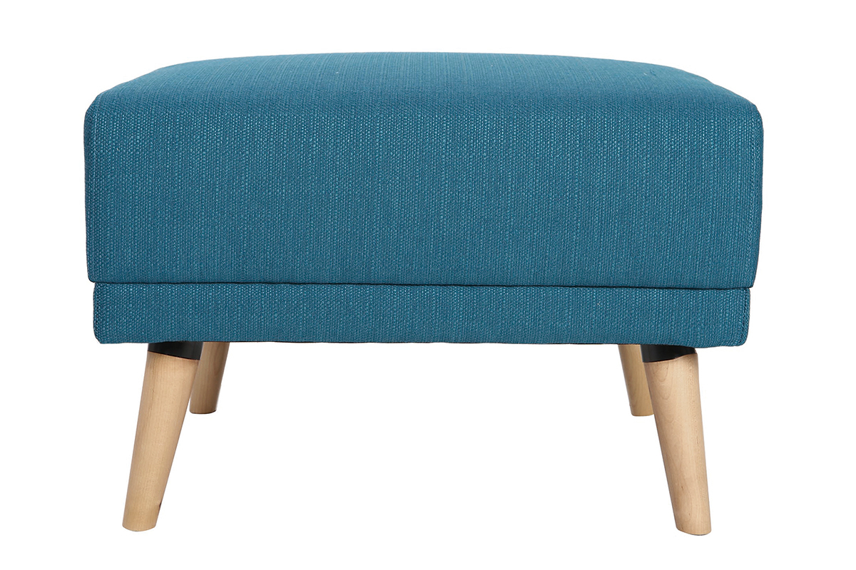 Pouf repose-pieds scandinave en tissu bleu canard et bois clair ULLA