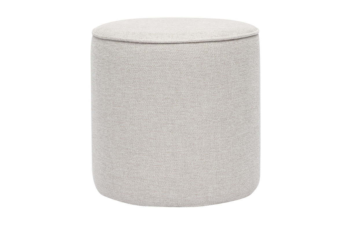Pouf rond beige en tissu effet velours textur�, vue de face.