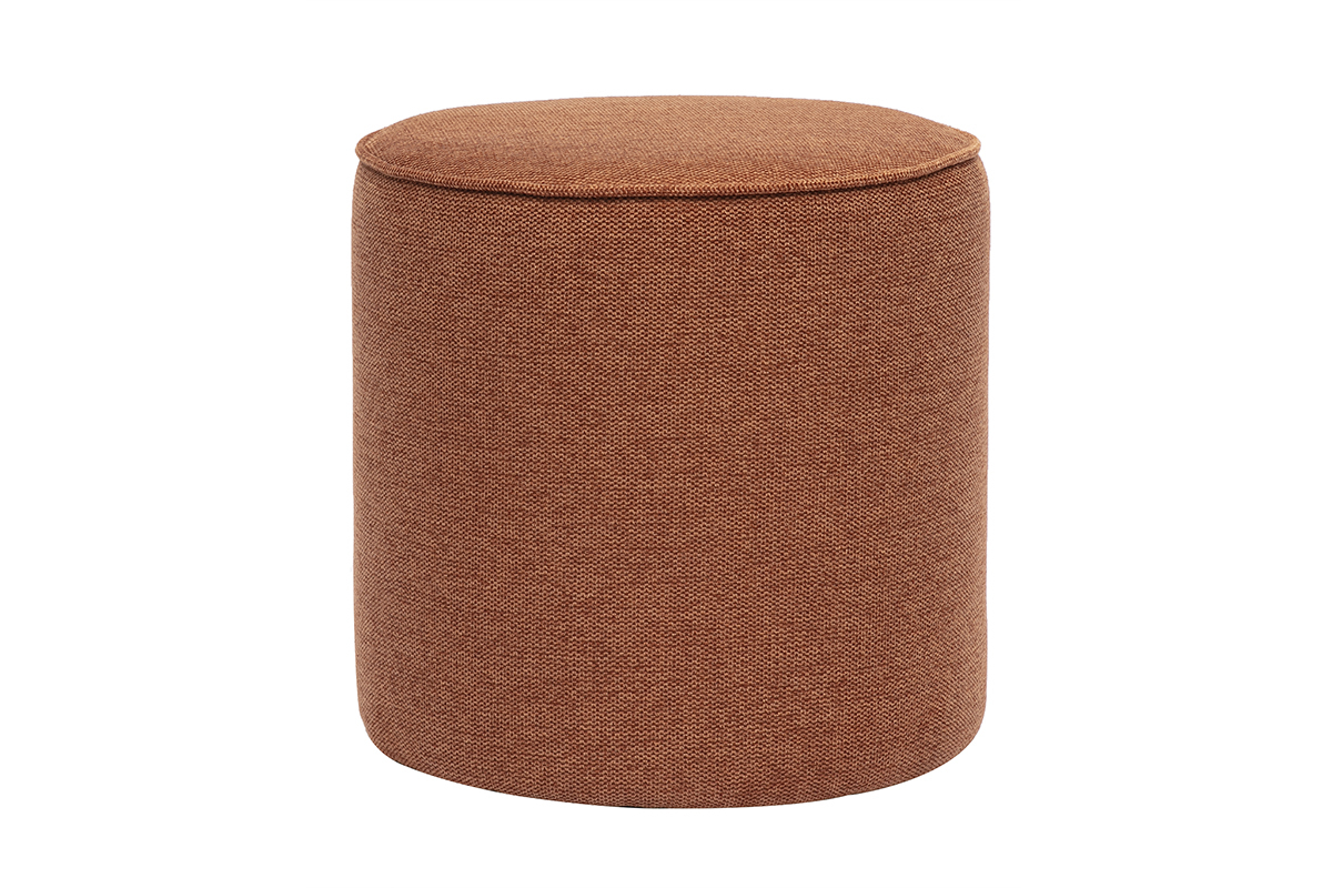 Pouf rond en tissu velours textur� terre br�l�e, vue de face.