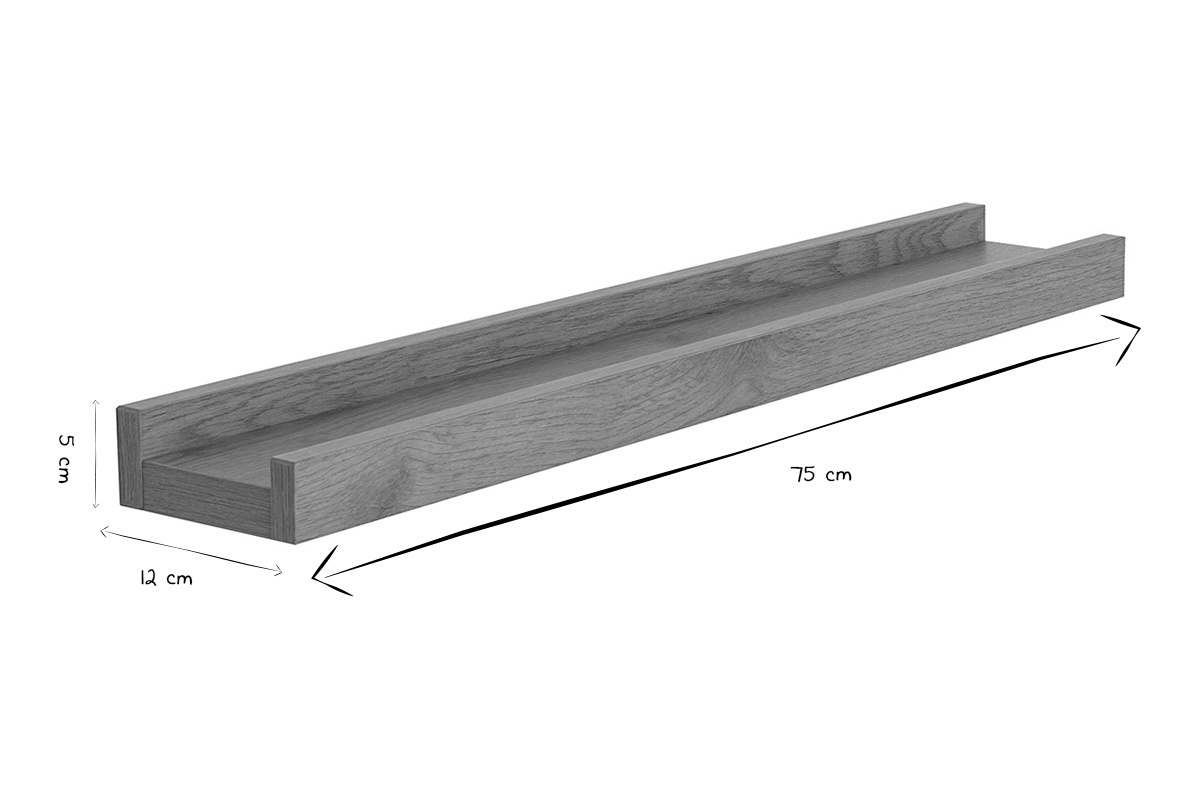 Support mural en bois clair 75x12x5 cm, dimensions en noir et blanc.