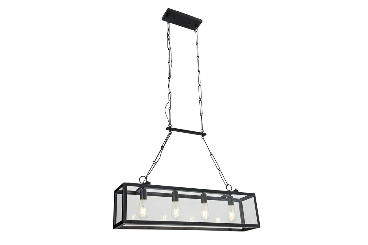 Suspension industrielle 4 lampes m�tal noir verre GALERIA