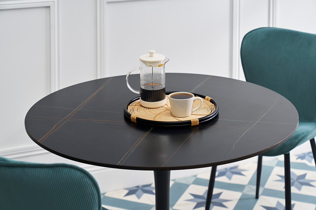 Table � manger design ronde en c�ramique noire et m�tal D90 cm MALOU
