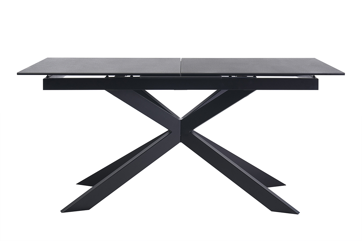 Table � manger extensible en c�ramique noire et m�tal, vue de face, dimensions L168-210 cm.