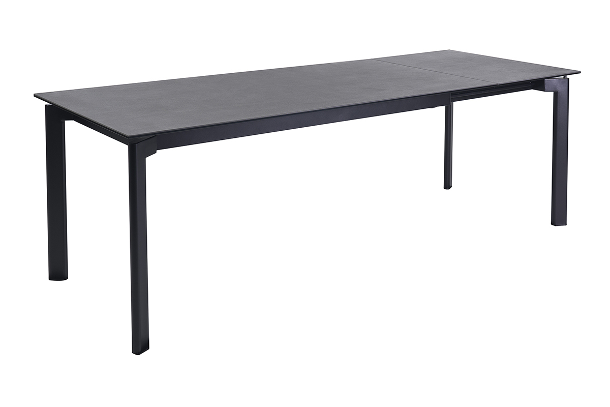 Table � manger extensible en c�ramique noire et m�tal, vue de 3/4, dimensions L180-240 cm