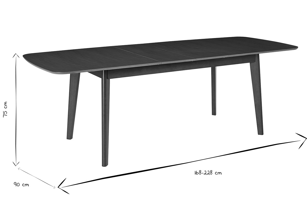 Dimensions de la table � manger extensible scandinave LEENA en noir et blanc.