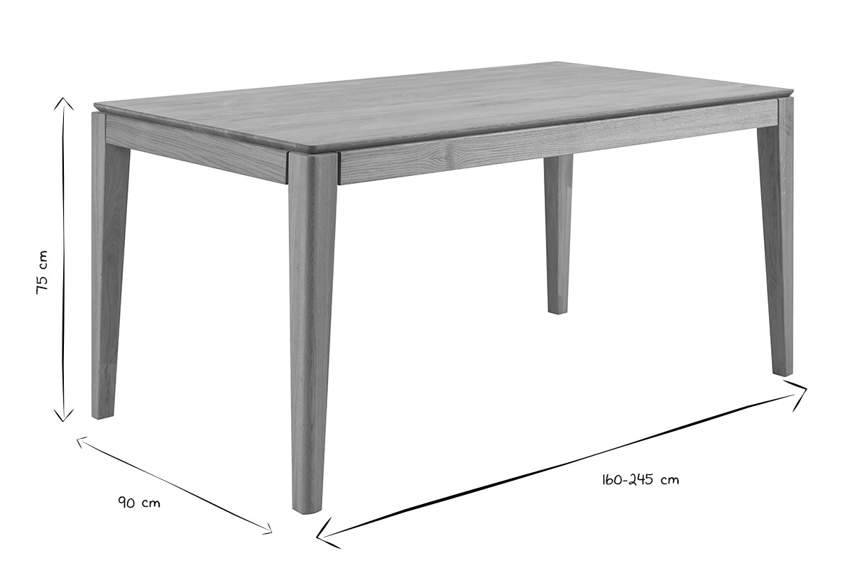 Table rectangulaire en bois avec dimensions 160-245 cm de long, 90 cm de large, 75 cm de haut, en noir et blanc.