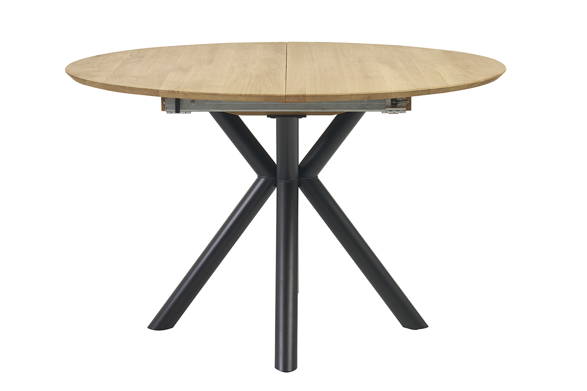 Table ronde extensible en ch�ne massif et m�tal noir, vue de face.