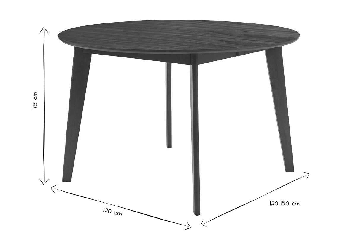 Table � manger ronde extensible en noir et blanc avec dimensions indiqu�es.
